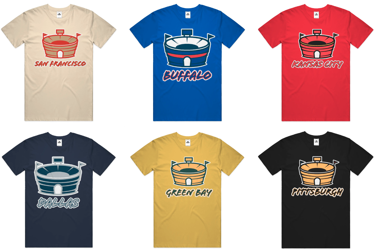 A lineup of showing some of The Hometown Bowl Collection. From the top left; tan San Francisco, blue Buffalo, red Kansas City, navy blue Dallas, gold Green Bay, black Pittsburgh
