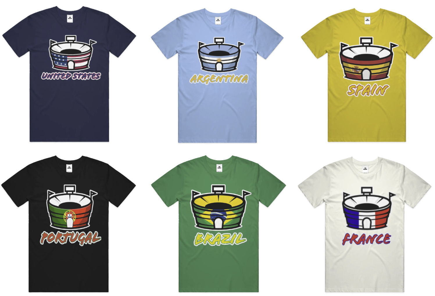 A t-shirt lineup of some of The Global Cups Collection: International Edition. From the top left; navy blue United States, powder blue Argentina, gold Spain, black Portugal, green Brazil, white France